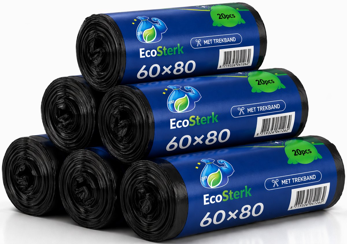 EcoSterk Vuilniszakken - 60 Liter - 20 Stuks - Afvalzakken - Met Trekband - Gerecycled LDPE - Zwart - 6 Rollen