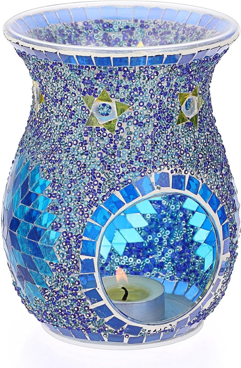 Glazen geur lamp met kaarshouder en theelichthouder, aroma lamp voor geur olie en was, mozaïek patroon (blauw)