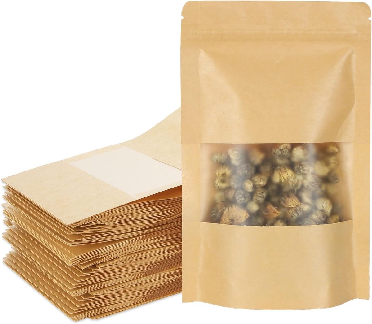 Zelfsluitende Kraft Papieren Tassen met Rits voor Fruit, Koekjes en Snoep, 100 Stuks, 12 x 20 cm, Duurzaam en Milieuvriendelijk