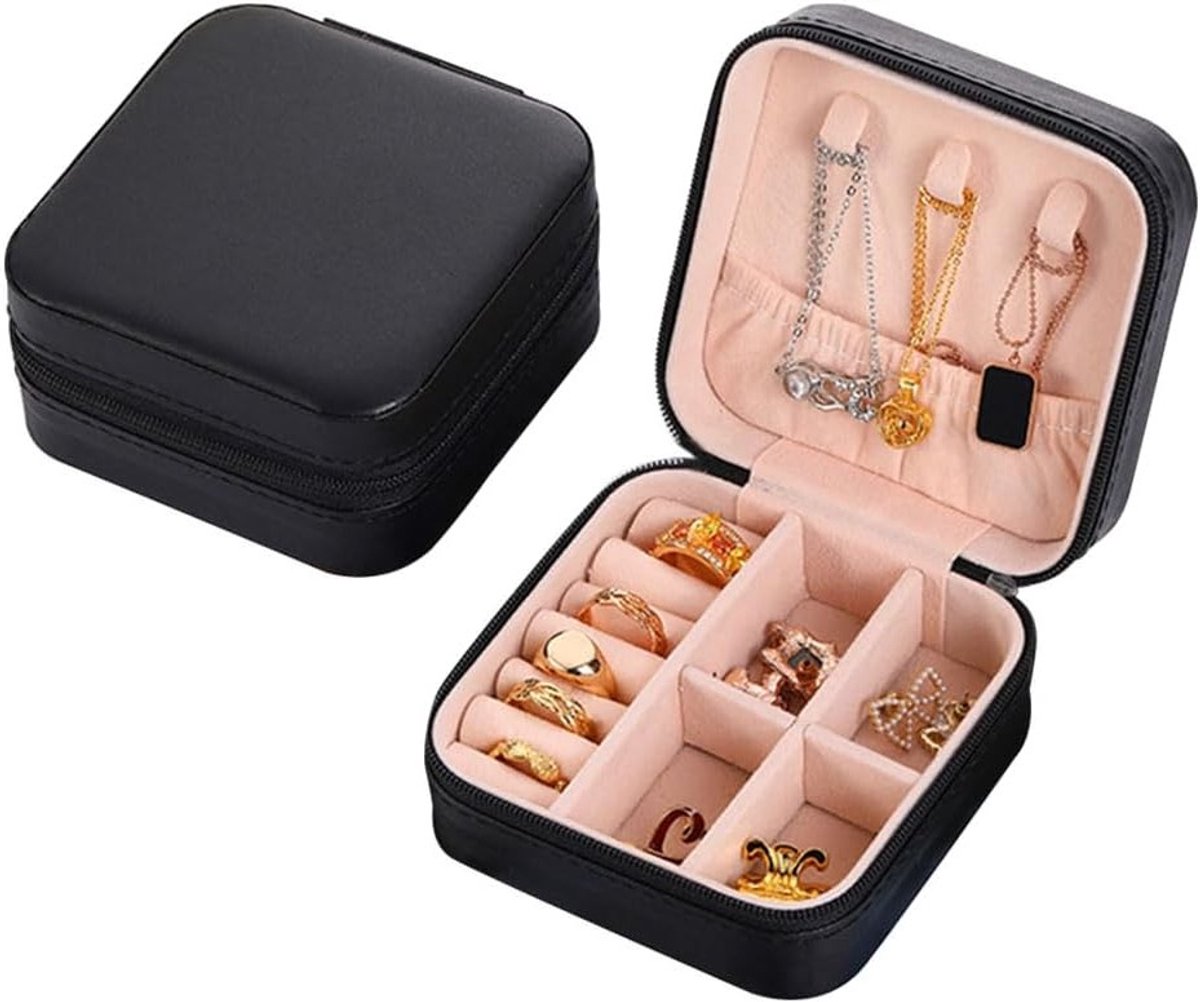 Draagbare Sieradenbox voor Vrouwen - Mini Organizer van PU Leer voor Ringen, Oorbellen en Armbanden (Zwart/Blauw/Roze)