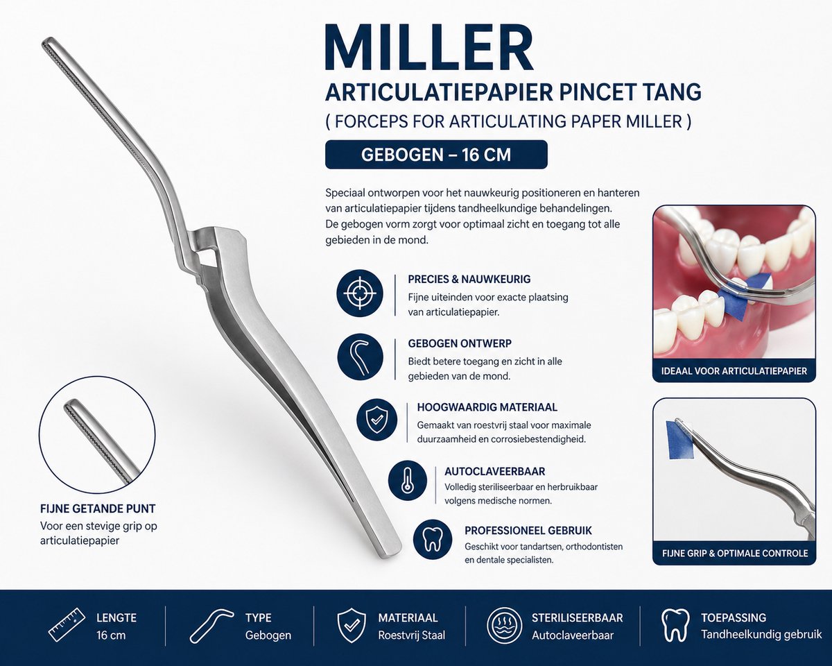 Belux Surgical Instruments - Miller Articulatiepapier Pincet – Gebogen – 16 cm – Tandheelkundige Precisie Forceps