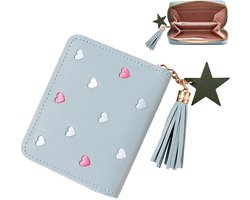 Portemonnee dames - met borduurharten - Beurs Dames - PU lederen damesportemonnee - Korte geldzak - Card holder - Card wallet - blokkeerportemonnee Dames kleine portemonnee - voor tieners, meisjes en vrouwen - 11x9cm - blauw