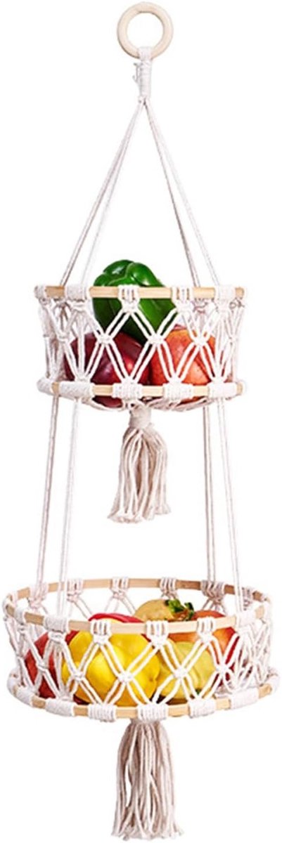 Hangende Macramé Mand voor Fruit, Bohemian Wandopslag, 2-niveaus, Geschikt voor Keuken, Woonkamer en Badkamer, Decoratieve Wandmanden