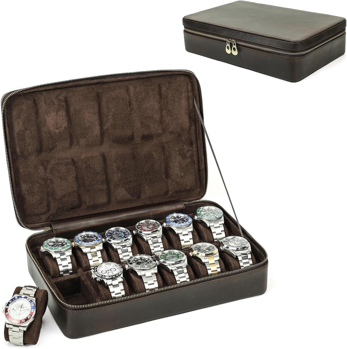 Grote Opbergdoos voor Horloges van Leer, Reistas met 12 Vakjes voor Horloge Collectie en Bescherming