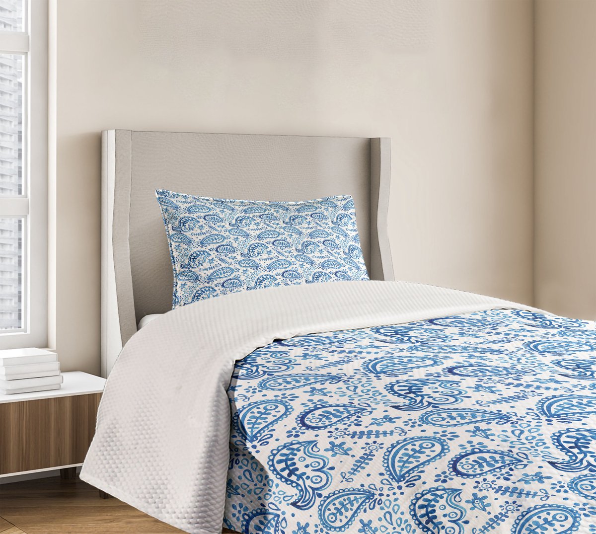 ABAKUHAUS Paisley Bedspreidset, Ikat-stijl aquarel, gewatteerde tweedelige dekbedset met 1 kussensloop, voor eenpersoonsbedden 170 x 220 cm, witblauw