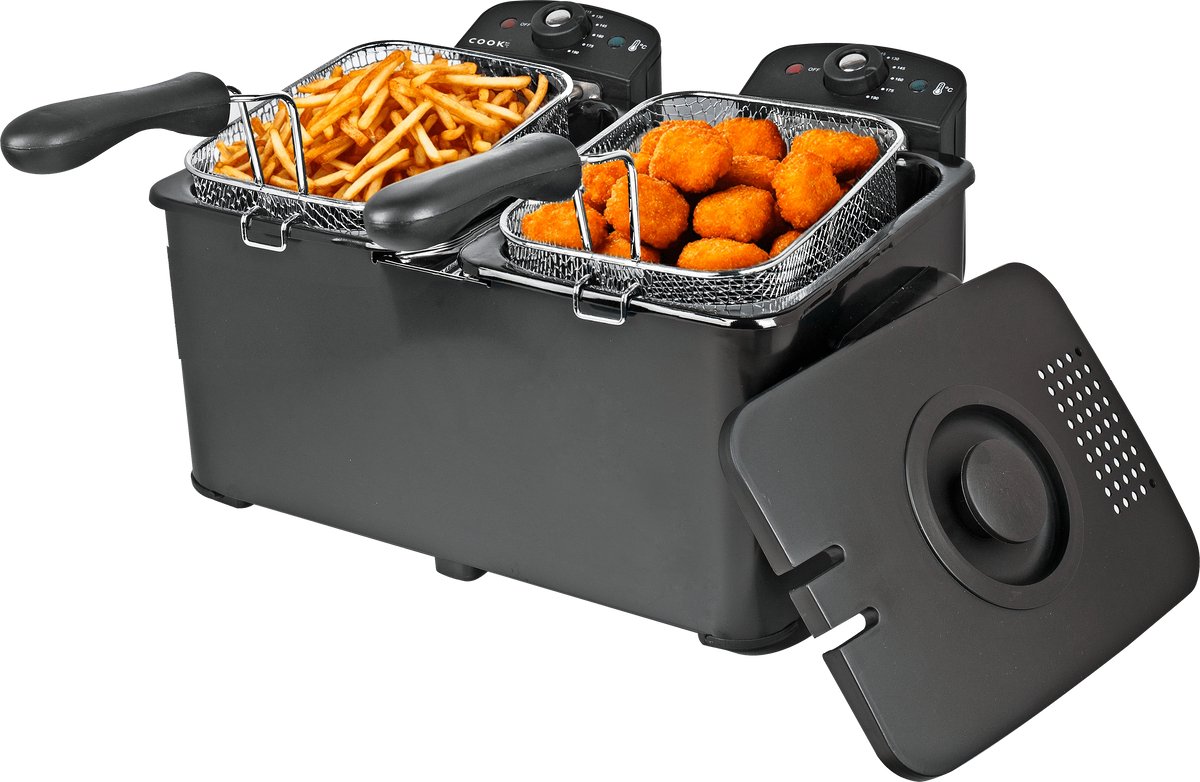 COOK-IT Dubbele Frituurpan - Friteuse 2 x 3 Liter - 2 Aparte Manden - Temperatuur Apart Instelbaar 115-190°C - Voor Friet & Snacks - Zwart