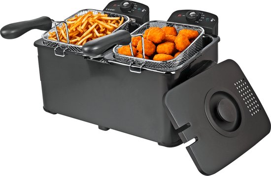 COOK-IT Dubbele Frituurpan 6L - Friteuse 2 x 3 Liter - 2 Aparte Manden - Temperatuur Apart Instelbaar 115-190°C - Voor Friet & Snacks - Zwart