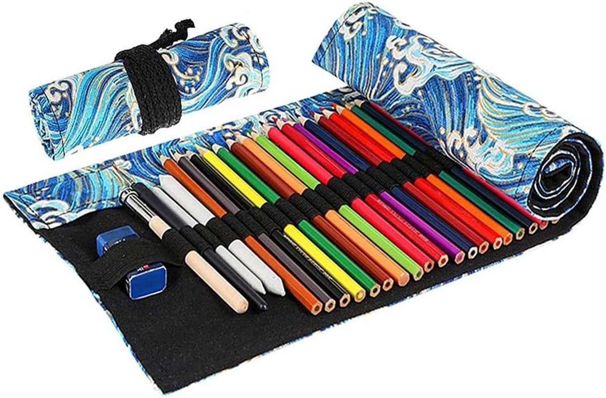 Ruime Roll-up Tas voor 48 Potloden, Ideaal voor Make-up, Kunstenaars en Tekeningen (Blauw)