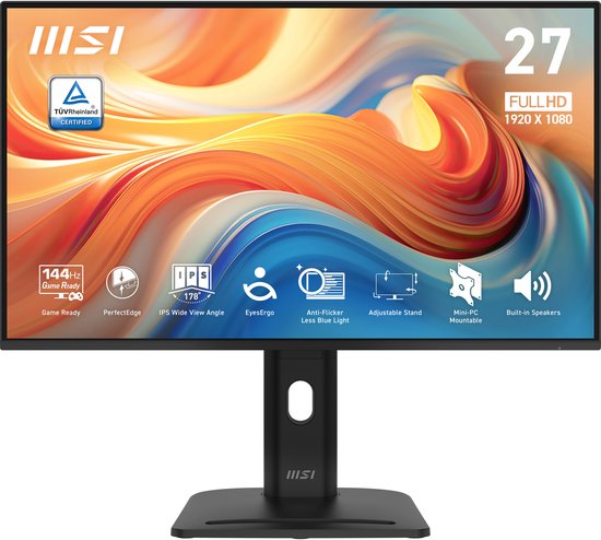 27″ MSI PRO MP275PG Full HD IPS monitor, 144Hz, 4ms GTG, HDMI 2.0, DisplayPort 1.2, verstelbaar zwart