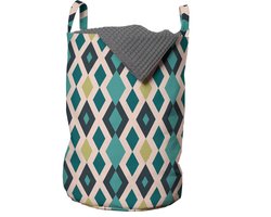 ABAKUHAUS Geometrische waszak, zigzag en diamanten, wasmand met handvatten en trekkoord voor wasserettes, turquoise blush en kaki