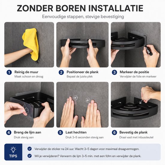 BOTC Support de douche Support de douche à 2 couches avec 4 Crochet - Support de douche suspendu - Support de salle de bain - Zwart