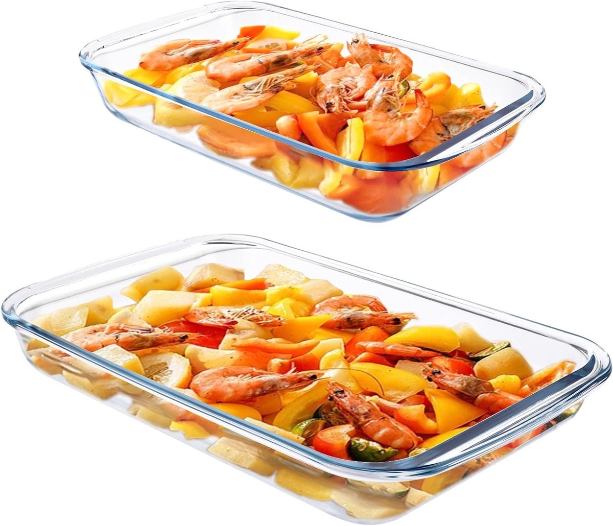 Set van 2 Ovenschalen van Glas, 1.6 L en 3 L, Ideaal voor Lasagne, Rechthoekige Ovenschalen, Duurzaam en Hittebestendig