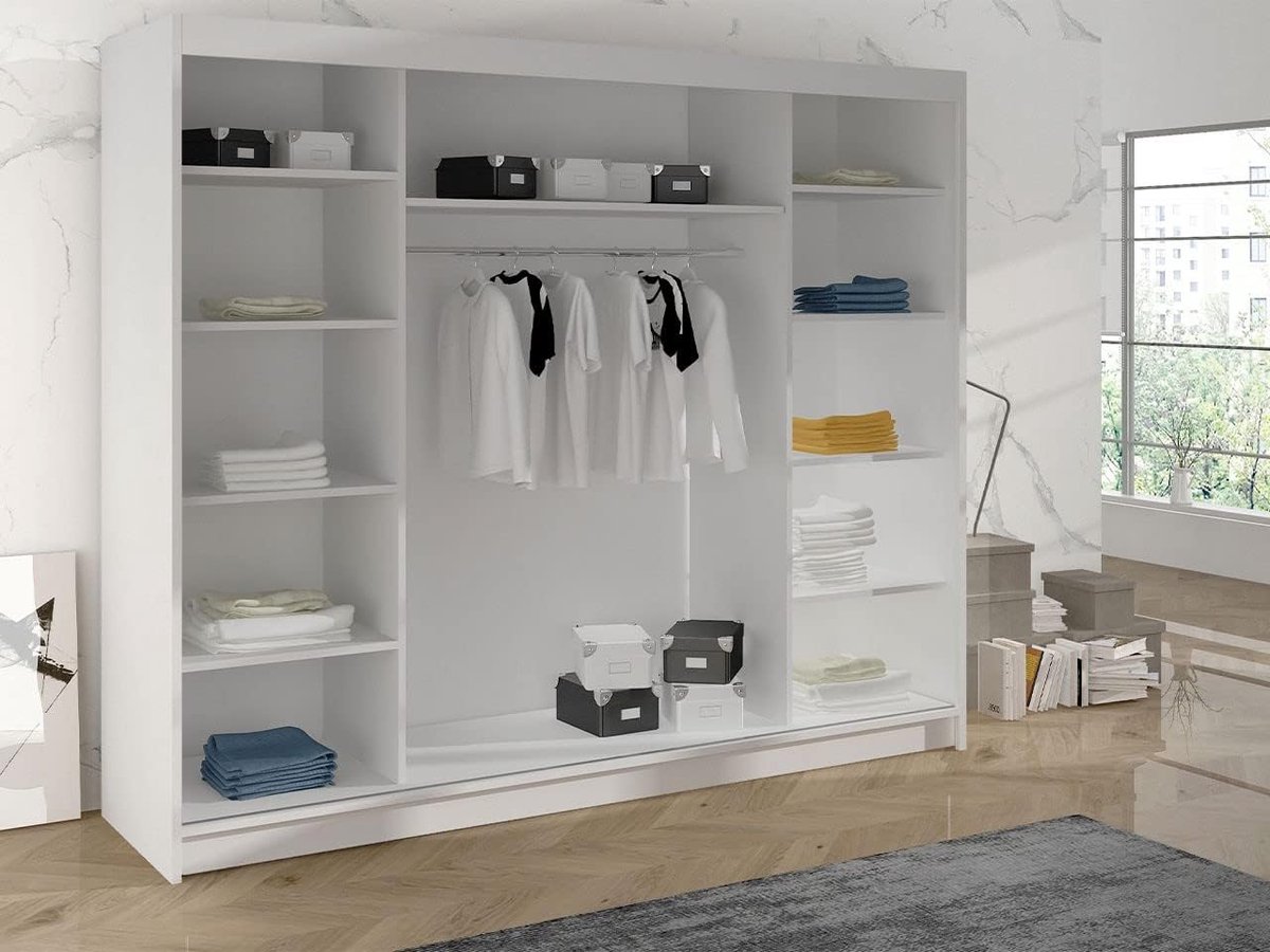 Schuifdeur kledingkast met spiegel 200 x 58 x 215 cm – Grote garderobekast met 9 planken en kledingstang – Sonoma eiken kledingkast met schuifdeuren – Moderne kast voor slaapkamer – Vermissen