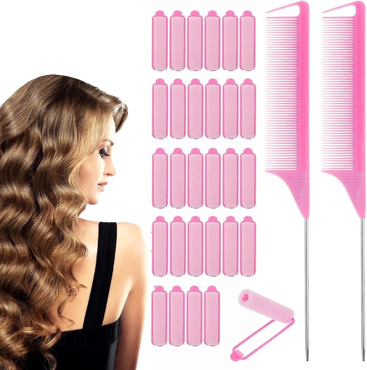 Set voor Haar Krullen met Ratstaart Kam, 28 Schuimrollers en 2 Styling Kammen, Roze, 9 cm Lang voor Perfecte Krullen en Volume