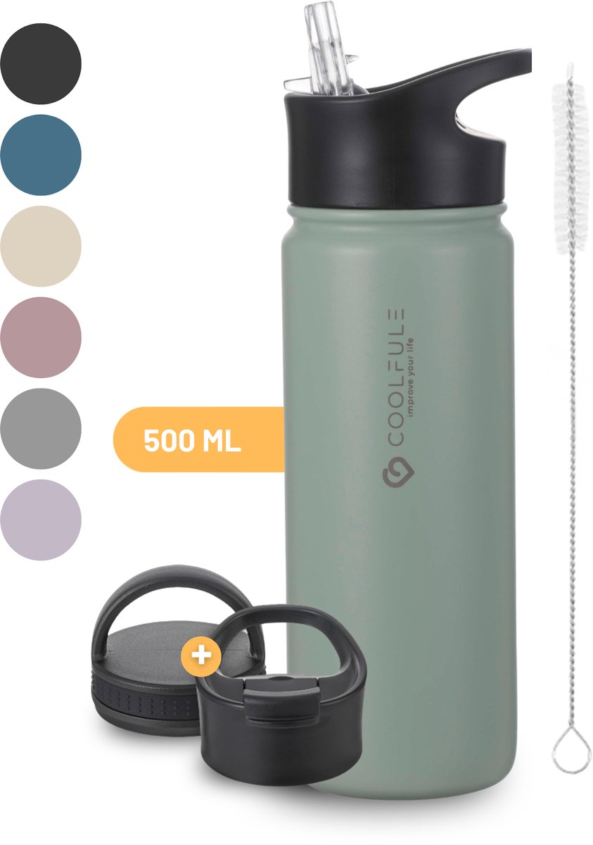 CoolFule Drinkfles - Mintgroen - Waterfles met Rietje - RVS Drinkfles - 500 ml - BPA-vrij - Dubbelwandig