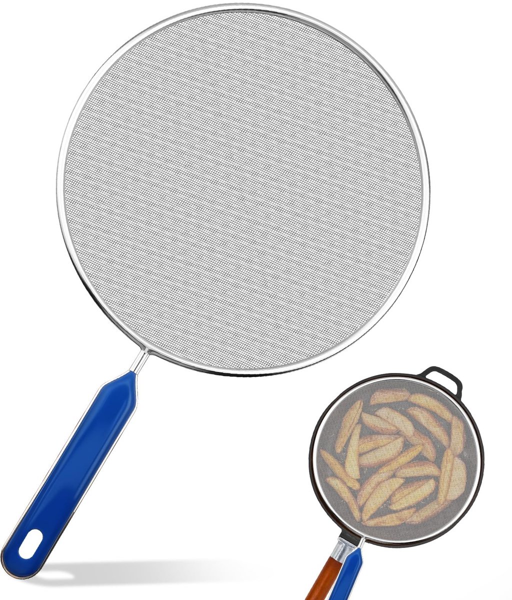 Store_7 - Roestvrijstalen spatbescherming - Oliebestendig - 21 cm - Handvat - Voorkomt oliespatten - Geschikt voor kookpannen - Universeel