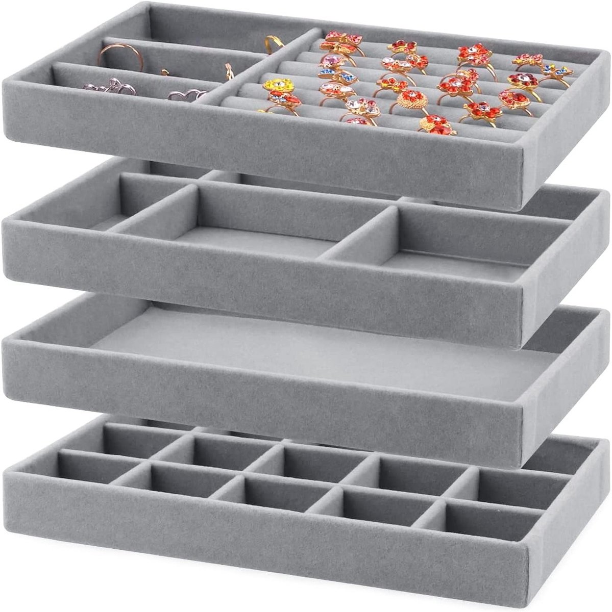 Sieradenopbergdoos met Lades en Organizers voor Oorbellen, Armbanden en Ringen - 4 Stuks (Grijs)