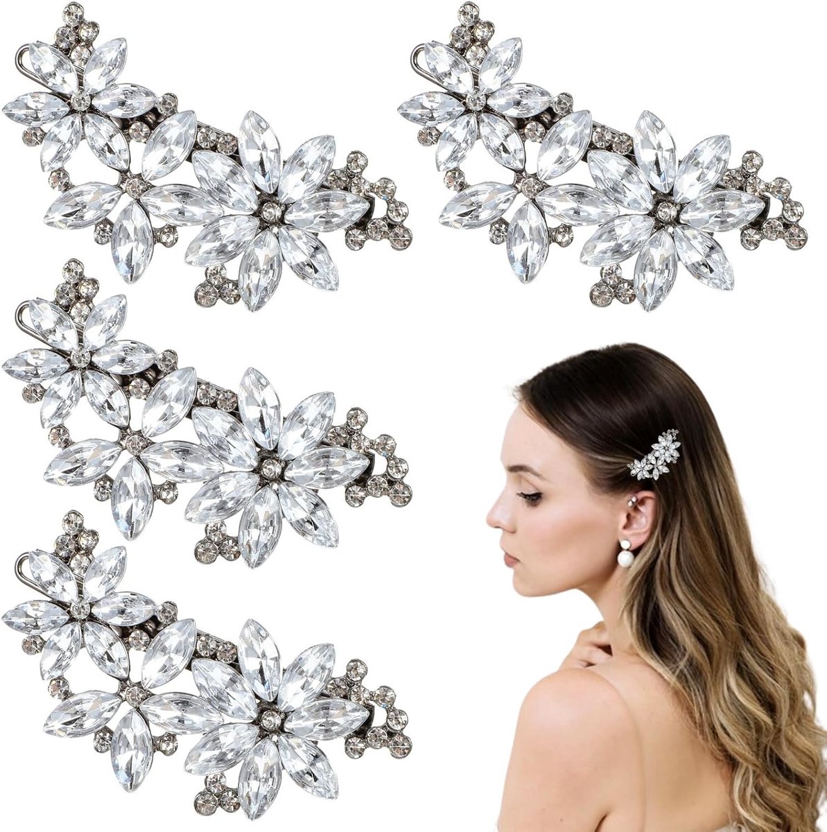 Set van 4 Diamanten Haarclips voor Dames - Glitterende Bruidsaccessoires voor Trouwen, Haarversiering met Strass en Kunstbloemen voor Bruiden en Bruidsmeisjes