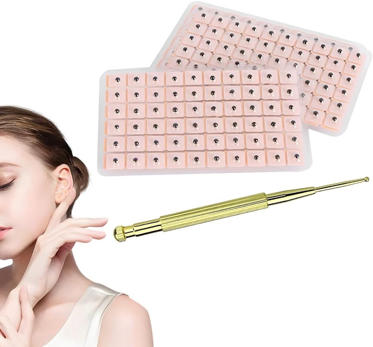 Complete Set van 600 Acupressuurzaadjes met Koperen Probe op Roze Kaart, Ideaal voor Ooracupunctuur en Wellness