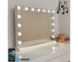 Bright Beauty® Make-up Spiegel met Verlichting – Hollywood Spiegel – BLUETOOTH - 58×46 cm – 15 LED Lampen – 3 Lichtkleuren – Dimbaar – Smart Touch – USB Oplaadpoort – Wit