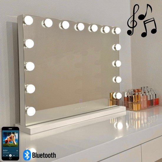 Bright Beauty® Make-up Spiegel met Verlichting – Hollywood Spiegel – BLUETOOTH - 58×46 cm – 15 LED Lampen – 3 Lichtkleuren – Dimbaar – Smart Touch – USB Oplaadpoort – Wit