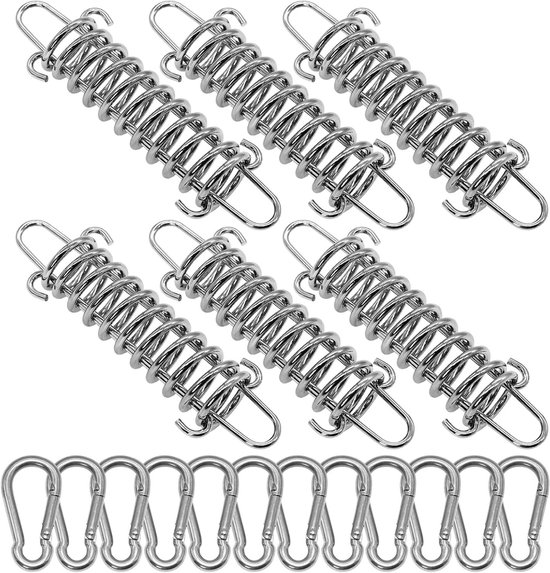 Set van 6 roestvrijstalen luifels met trekveer en 12 karabiners, sterke spanning voor tenten en buitenactiviteiten