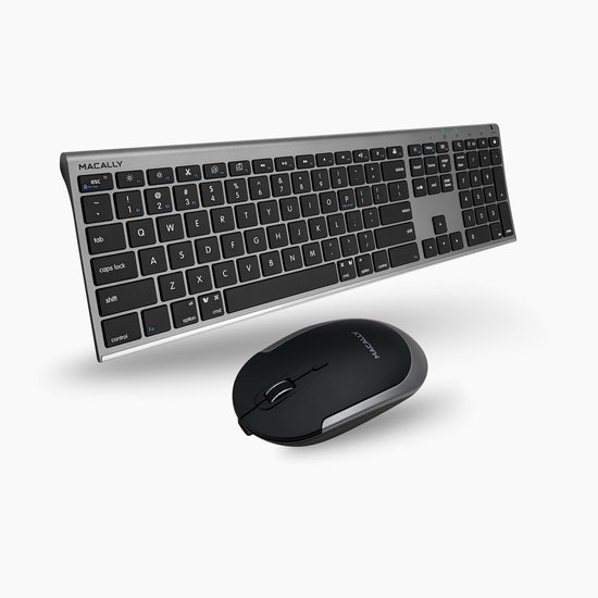 Macally draadloze Bluetooth toetsenbord en muis combo, spacegray met zwarte toetsen.