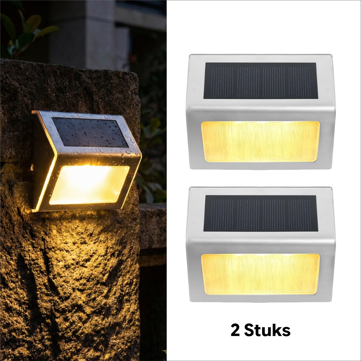 Solar Wandlamp Buiten - Warm Licht - IP65 Waterdicht - Tuinverlichting-2 Stuks-Zilver