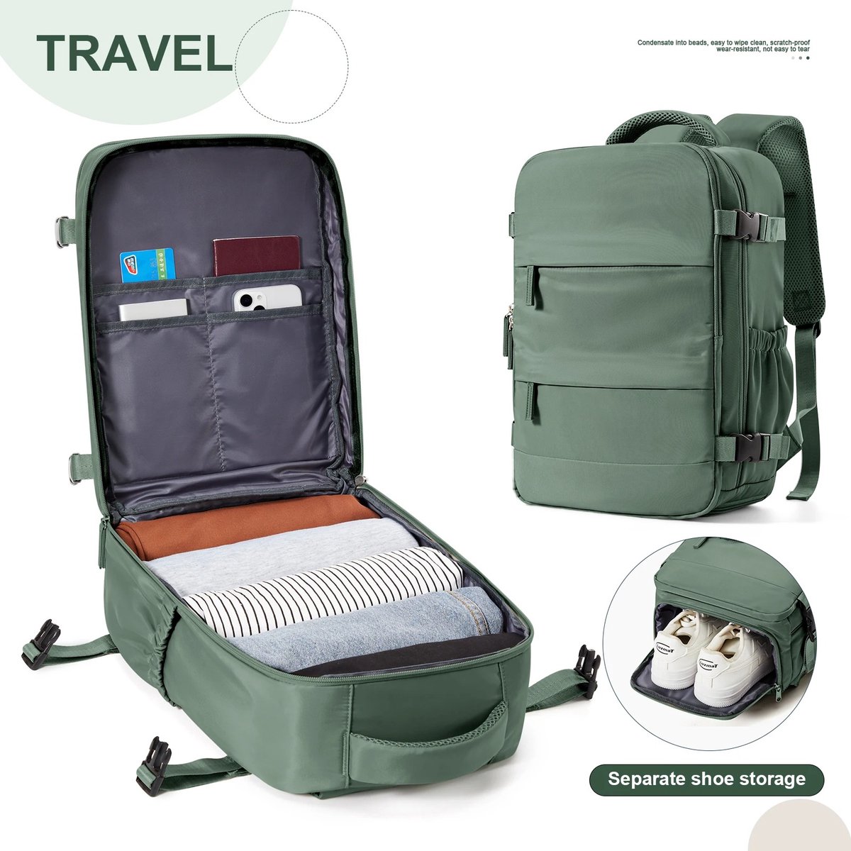 Velmio Rugzak - Reisrugzak - Handbagage - 40 x 30 x 20 cm - Ryanair - Cabine tas - Army green - Schoenen vak