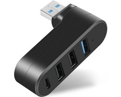 Sander Shop Mini-USB-hub-adapter (4-poorts, USB 3.0 + 2.0 + Type-C) – Draaibare 90°/180° high-speed USB-uitbreidingshub voor laptop, USB-flashdrives, MacBook (zwart)