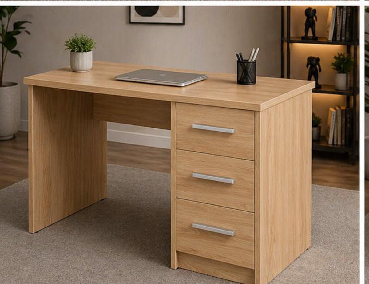 Bureau met 3 Lades 110x56x73 cm – Compact Computerbureau met Opbergruimte, Houten Werkblad, Modern Home Office Schreibtisch – Beuken – Vermissen