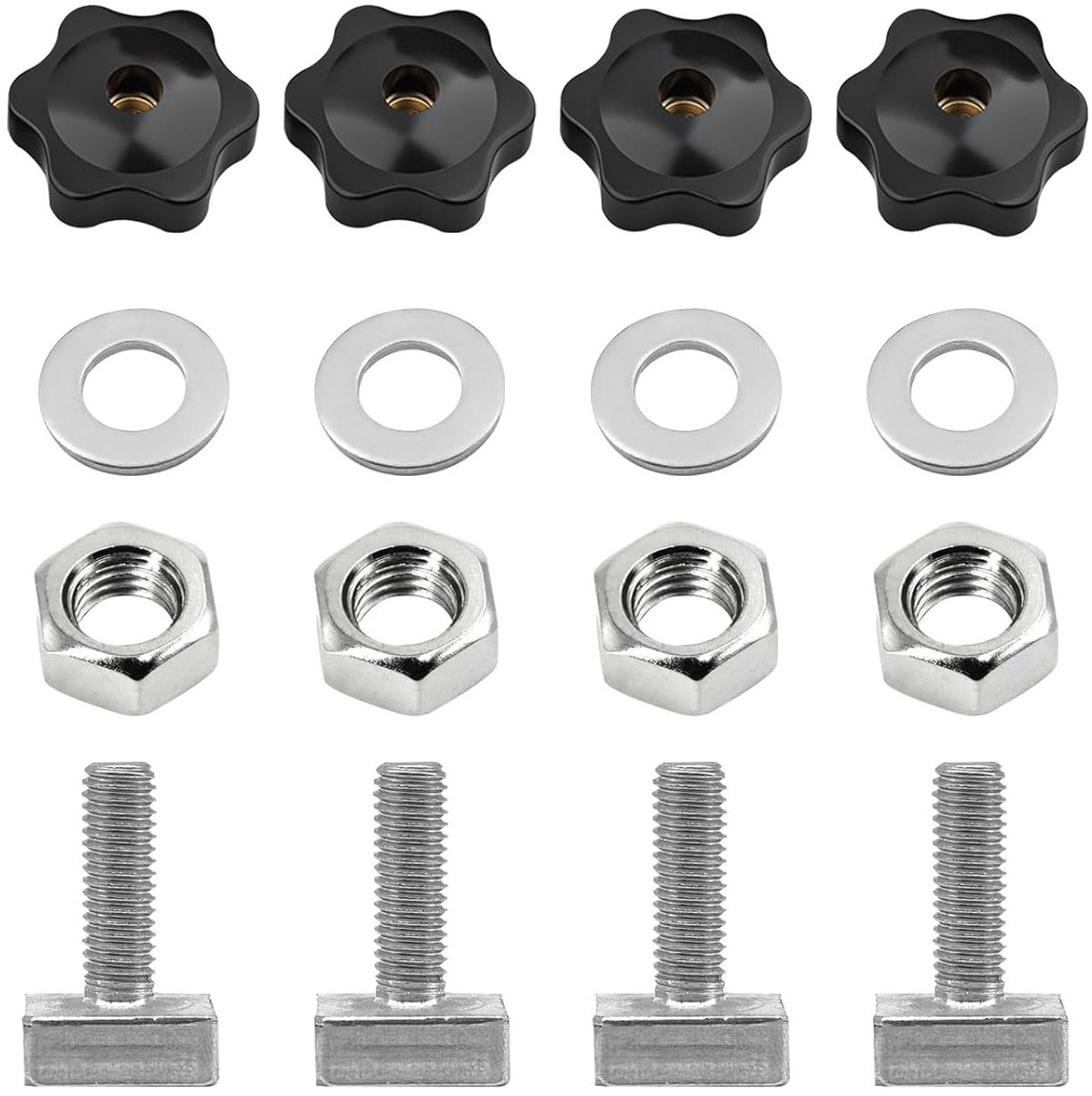 Set van M6 Sleufmoeren voor Dakkoffers, Fietsendragers en Raildragers - Inclusief Star Grip Moeren en Ringen, M6 x 35 mm, Geschikt voor 20 x 20 mm Profielen