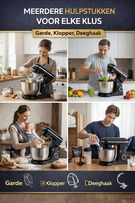 Jurrys Keukenmachine 1500W - Keukenmixer met 5L RVS Kom - 10 Snelheden - Inclusief Deeghaak, Garde & Klopper - Foodprocessor van Merkloos — afbeelding 3