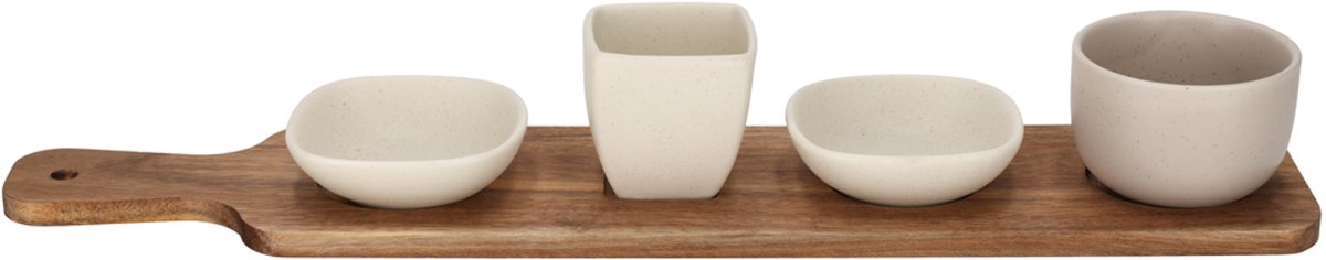 JENS Living Bits & Bites Serveerset Faas Wit – Acaciahouten Serveerplank met 4 Vaatwasserbestendige Keramieken Schaaltjes voor Snacks, Dips en Tapas