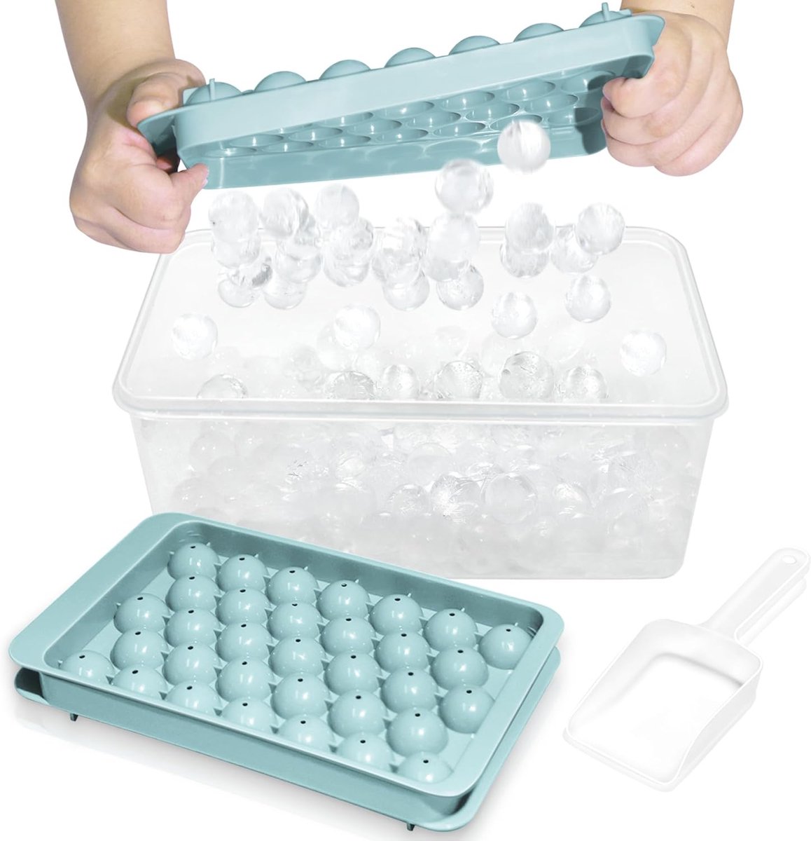OUTARO-Ronde IJsblokjesvorm 2-Trays – 66 Bolvormige IJsbollen – Met Deksel, Bak & Schep – Voor Whisky, Cocktails, Thee & Koffie