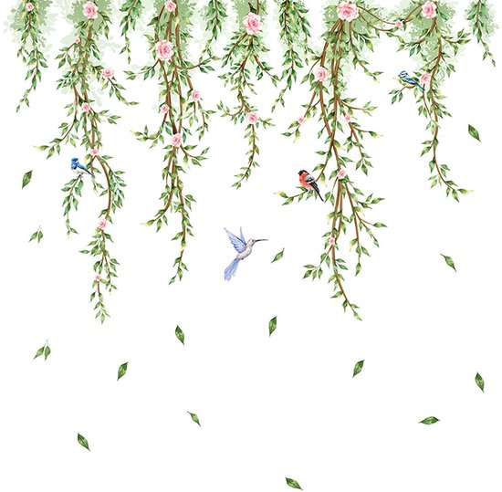 Sticker mural avec des branches de fleurs roses suspendues et des feuilles vertes, avec 3 oiseaux. Le fond est blanc.