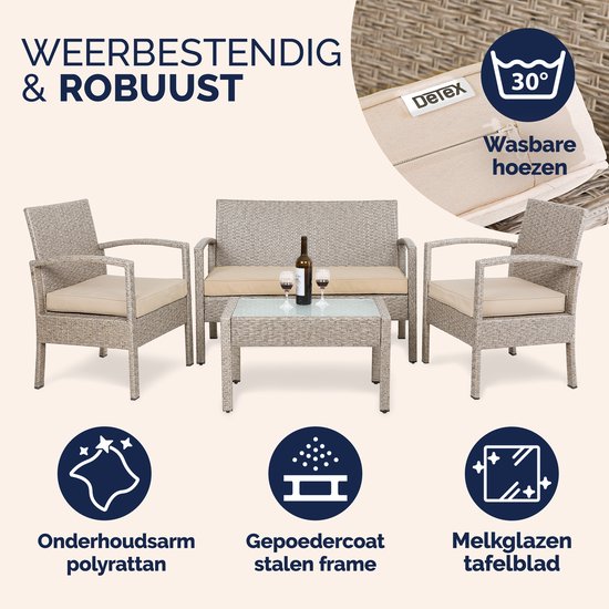 Taupe polyrattan tuinset met bank en twee stoelen. Grote glazen tafel. Kenmerken: onderhoudsarm, gepoedercoat frame.