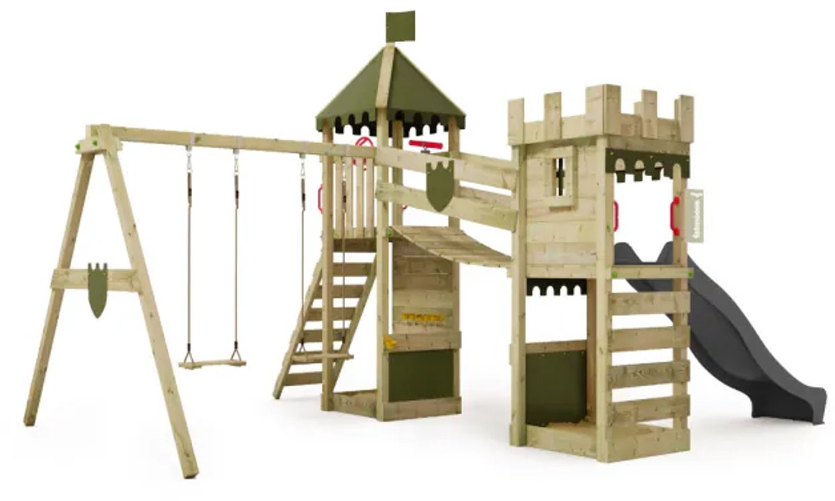 Fatmoose RiverRun Royal XXL Klimtoren - Dubbele schommel met Glijbaan en Wiebelbrug - Toren met kantelen & Zandbak - Antraciet