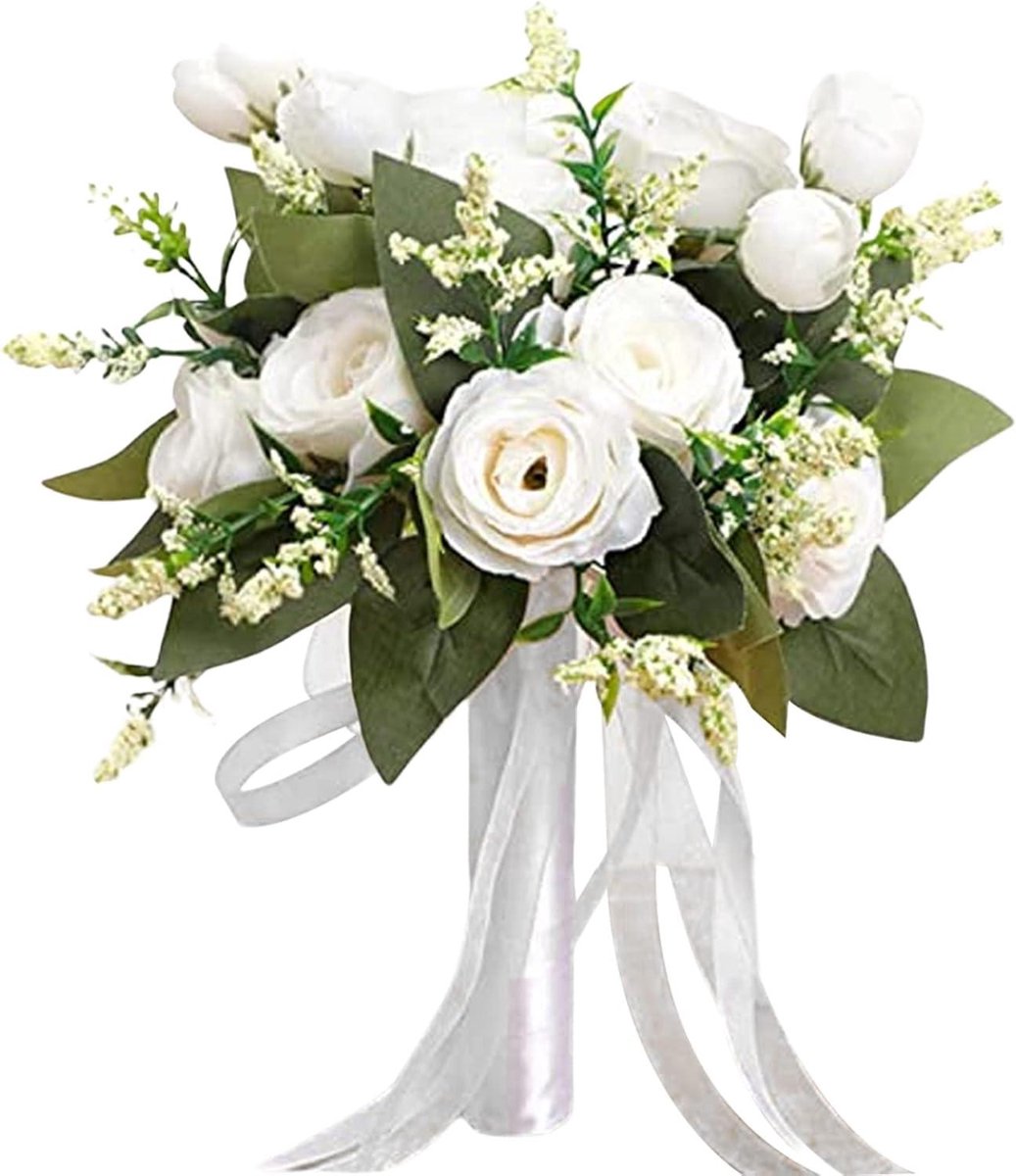 Bruidsboeket Kunstbloemen - Zijden Bruidsboeket - Bruiloft Versieren - Duurzaam Materiaal - 25x22 cm - Wit