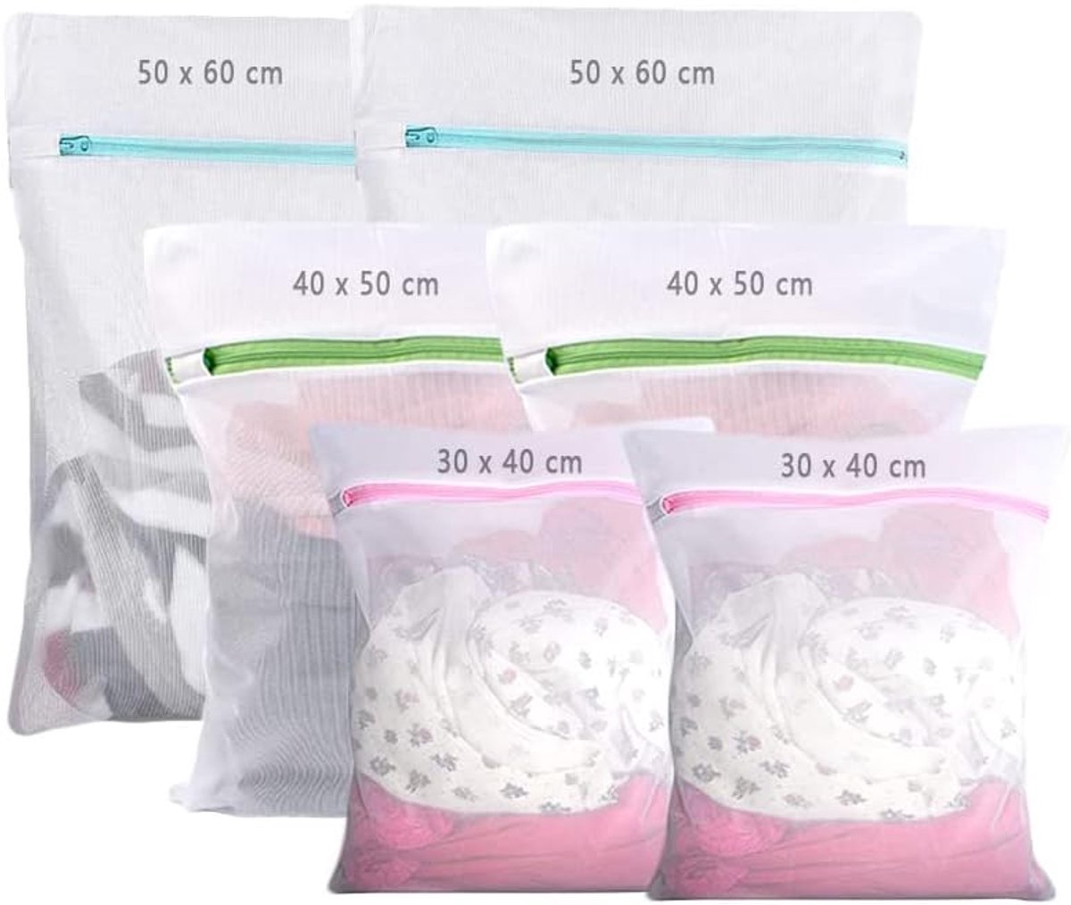 6 Stuks Waszakken - 40cm - 60cm - 3 Verschillende Maten - Bescherming voor Delicate Kleding - Verborgen Rits - Zeer Duurzaam