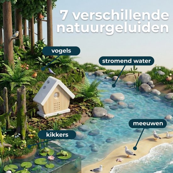 Vogelhuisje in een bosrijke omgeving met kikkers, stromend water en meeuwen. Text '7 verschillende natuurgeluiden'.