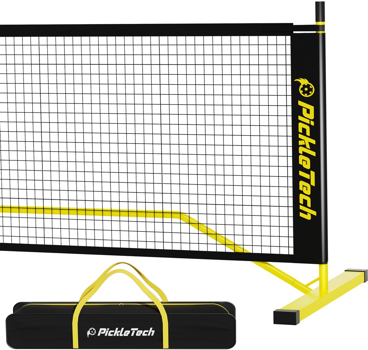 Pickleball Set Compleet Geel – Versterkt Net 3.0 Pro Geel met 4 Paddles en 4 Ballen – Draagbaar – AMA Sport
