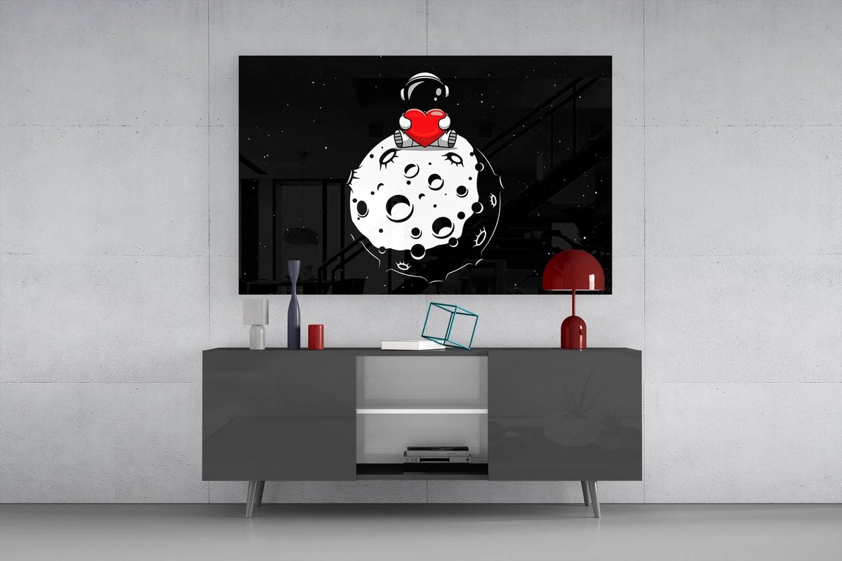 Insigne Art Glasschilderij Astronaut met Hart – Moderne Wanddecoratie – Ruimte Design – Premium Kwaliteit - 72 x 46 cm Zwart
