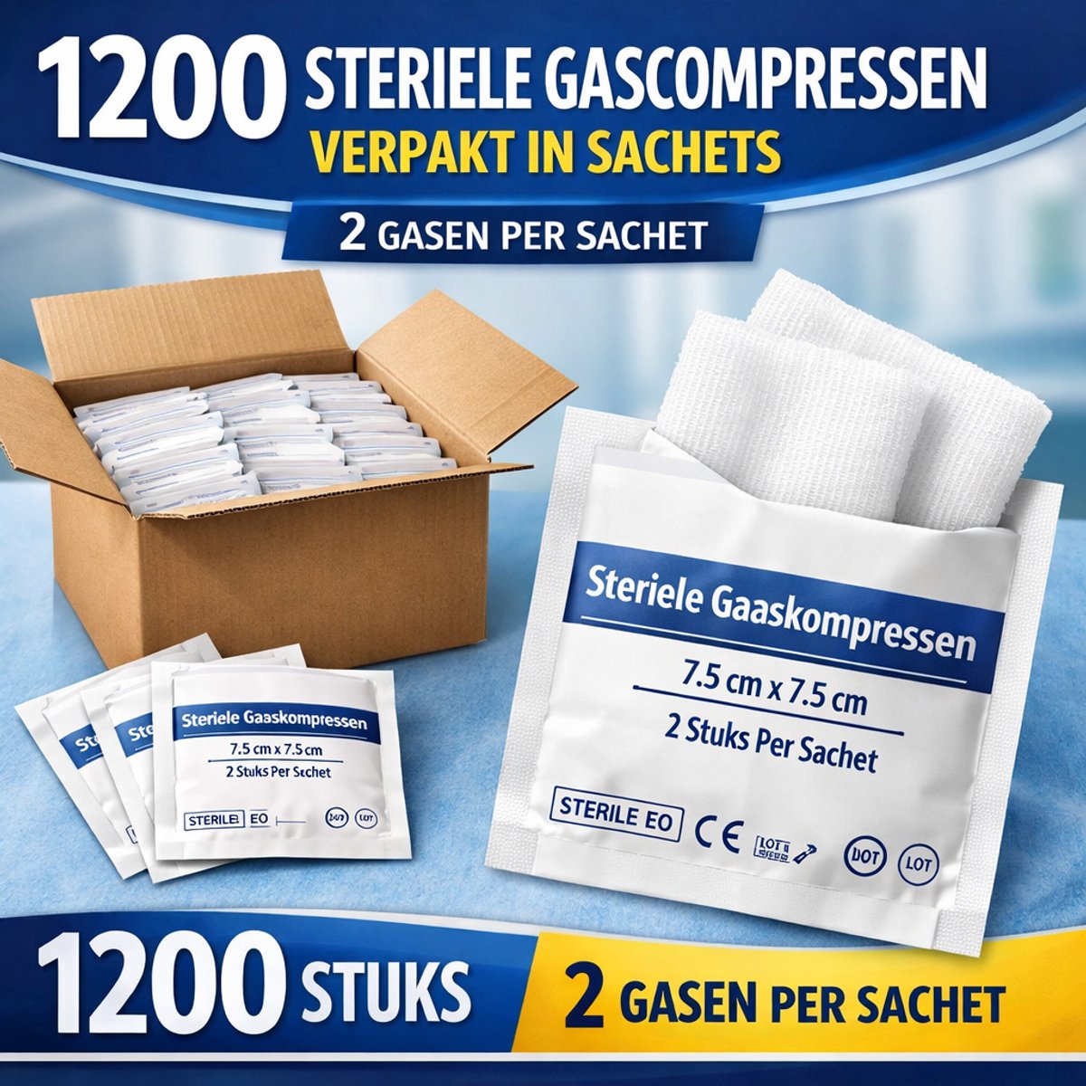 1200 Steriele Gaasjes 20x20 cm Non Woven Compressen, 10x10 cm Vouw, Verpakt in sachets met 2 Stuks per sachet Voor Medisch Gebruik en Algemeen Gebruik