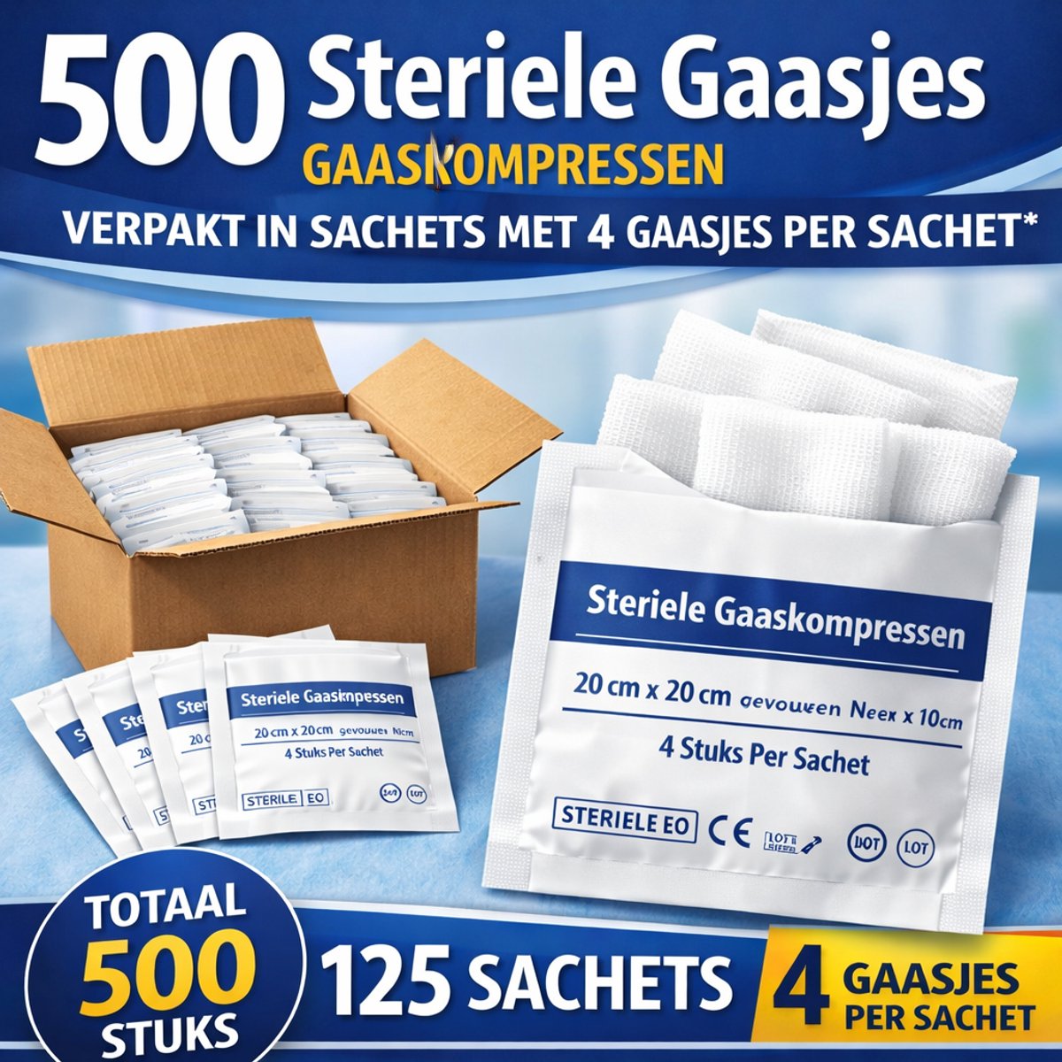 500 steriele gaasjes - gaas kompressen – 20x20 gevouwen in 10x10 cm - non woven - desinfectie of sterilisatie Verpakt in sachets met 4 gaasjes per sachet