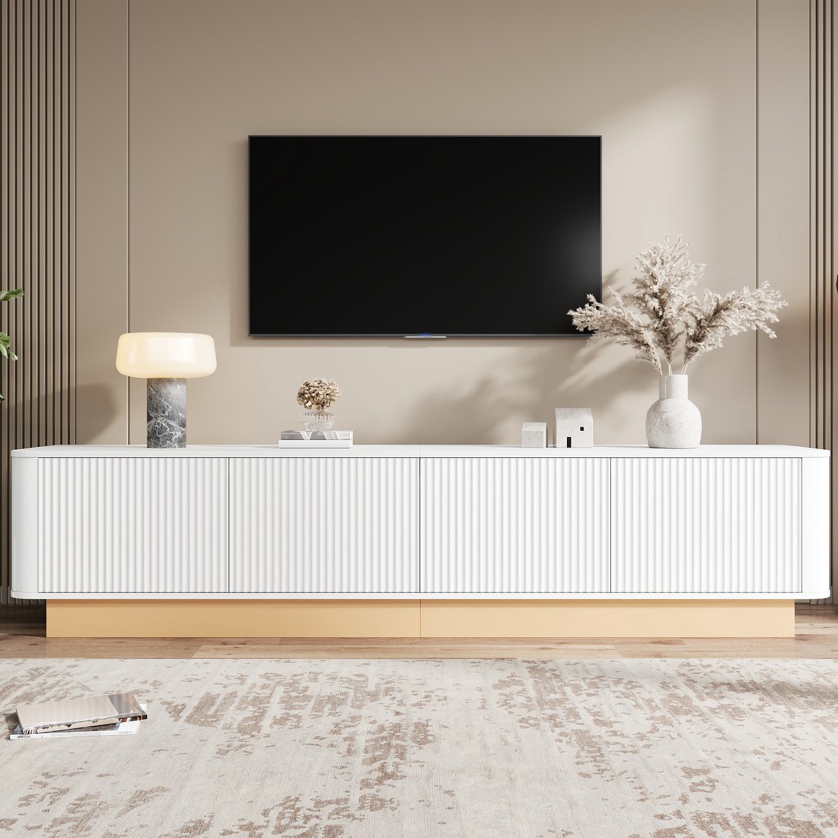 PHOEBE CAT TV-meubel - 4 deuren - Verstelbare planken - Afgeronde hoeken - MDF - Wit + Naturel