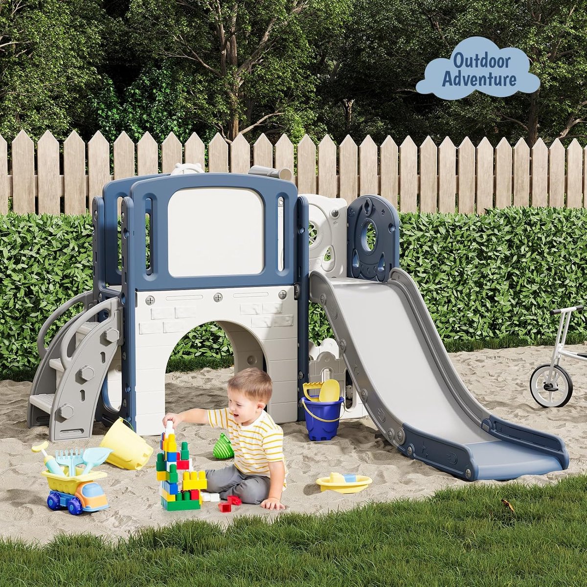 Kinderglijbaan - 8-in-1 glijbaanset voor peuters - Speeltoestelcombinatie met klimrek en glijbaan - 148 × 141 × 99 cm - Blauw