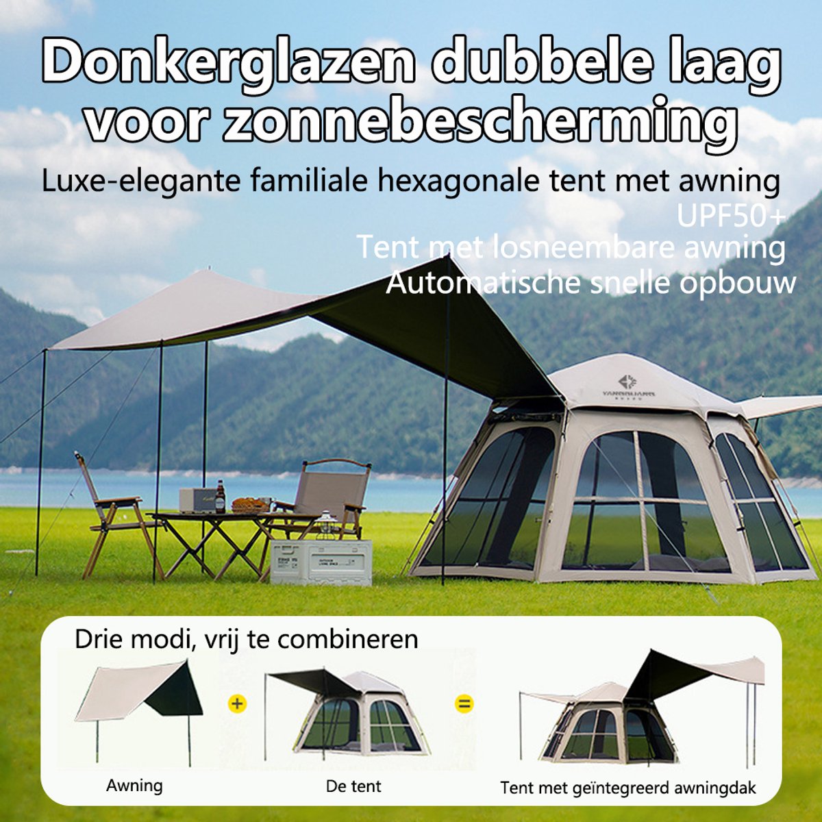 Pop-up Familietent met XXL Zonnescherm - 4-Persoons Koepeltent - Opzetten in 3 Seconden - Inclusief Voorluifel voor Extra Leefruimte - Kampeertent - pop up tent voor Kamperen - festival tent + Draagtas - Kaki – foto 7