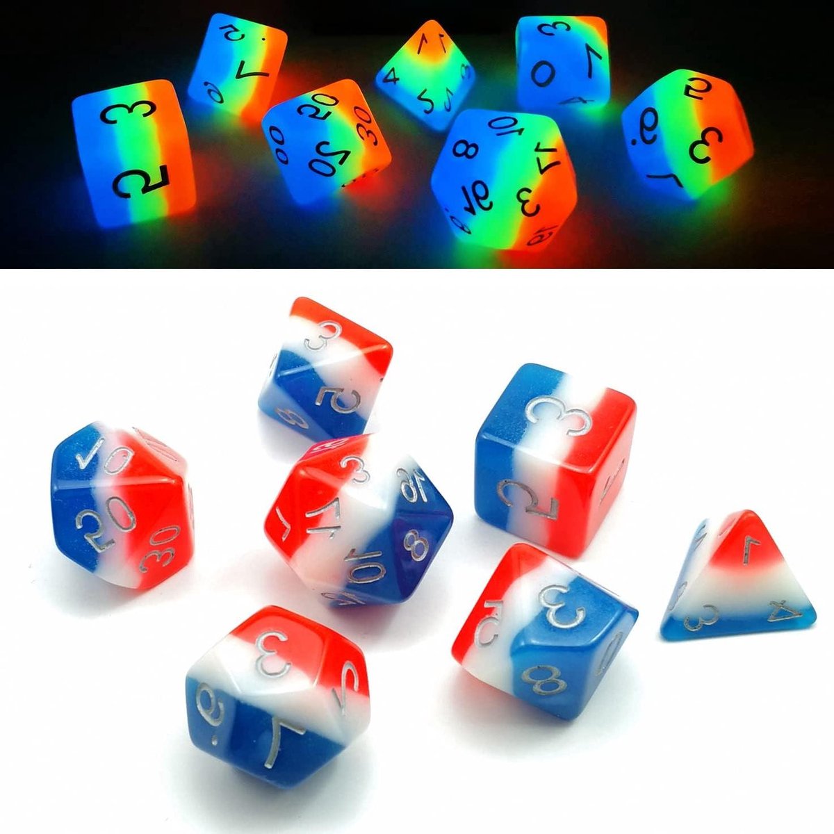 Veelvlakke Dobbelstenen Set - RPG Dobbelstenen - Rollenspel Spelen - Gloeiend Effect - 7 Stuks - Franse Kus