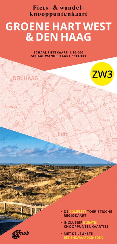 Fiets- en wandelknooppuntenkaart ZW3 Groene Hart West & Den Haag. Gedetailleerde kaart met duinen op de voorgrond.